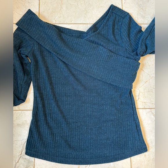 Off the Shoulder Stretch Soft Blouse, Mid-Night Blue Pull Over, Long Sleeve, SzS - Picture 8 of 11